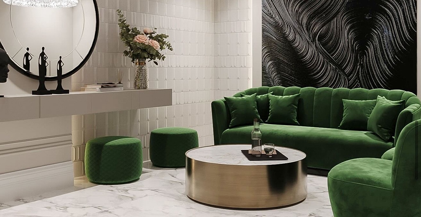 Modern green living room with stylish decor.